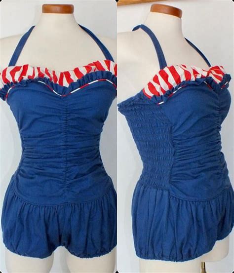 Vintage 1950s Red White And Blue Halter Swimsuit By Gordon Etsy Vintage Bathing Suits