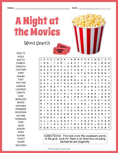 A Night At The Movies Word Search