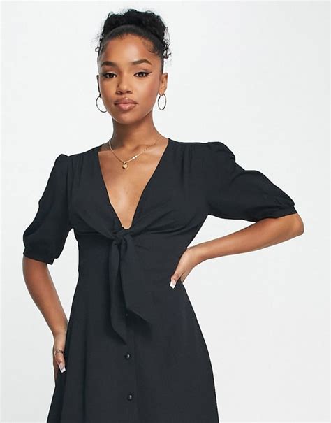 Asos Design Tie Front Button Through Midi Dress In Black