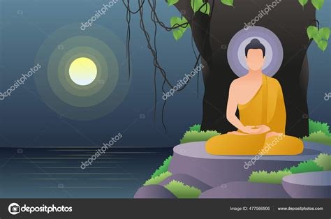 Scenery Lord Buddha Meditation Bodhi Tree River Fullmoon Night Cartoon