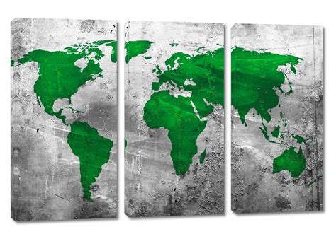 Abstract Silver Green World Map Canvas Print Panel Split Triptych