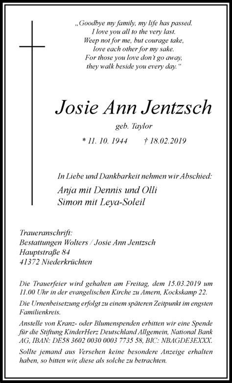 Traueranzeigen Von Josie Ann Jentzsch Trauer Und Gedenken