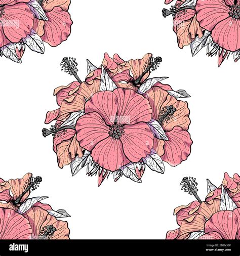 Colorful Floral Seamless Pattern With Hand Drawn Pink Hibiscus Flowers On White Background