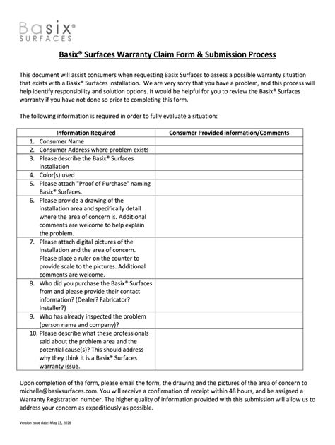 Fillable Online Basix Surfaces Warranty Claim Form Submission Process