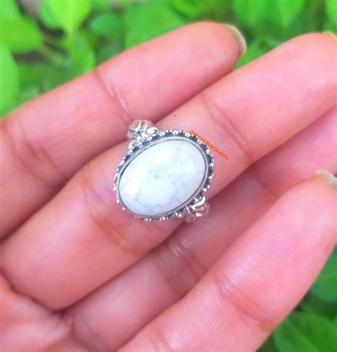 White Howlite Ring Sterling Silver Oval Stone Ring Etsy