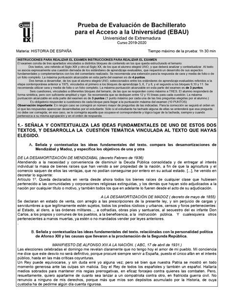 Examen De Historia De España Ebau De Extremadura Convocatoria