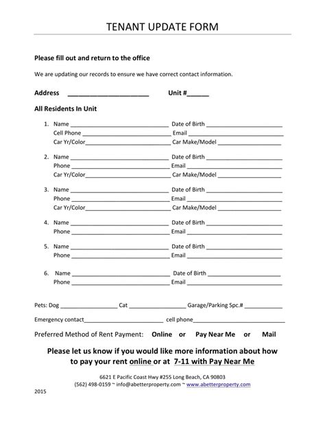 Tenant Update Form Fill Out Printable PDF Forms Online