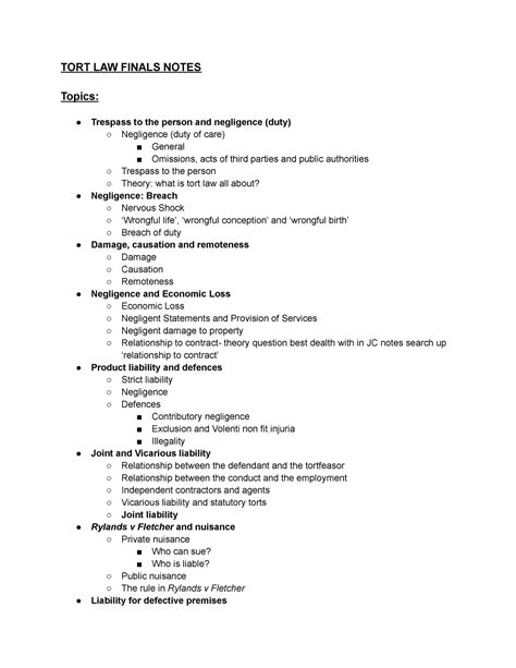 Tort Law Notes Tort Law Summary Tort Law Finals Notes Topics