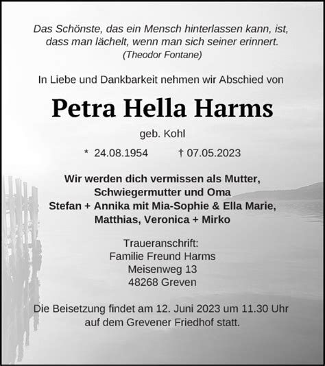 Traueranzeigen Von Petra Hella Harms Trauer Nordkurier