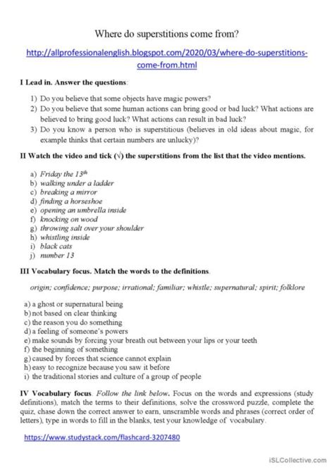 Superstition English Esl Worksheets Pdf Doc