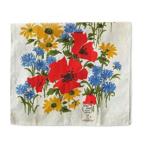 Vintage Linen Tea Towel Bright Floral Design In Red Yellow Etsy