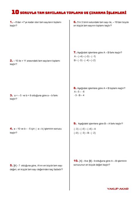 7 Sınıf Tam Sayılarla Toplama Ve Çıkarma İşlemi Çalışma Kağıdı