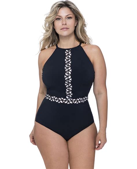 Profile By Gottex Labyrinth Black And White Plus Size High Neck One