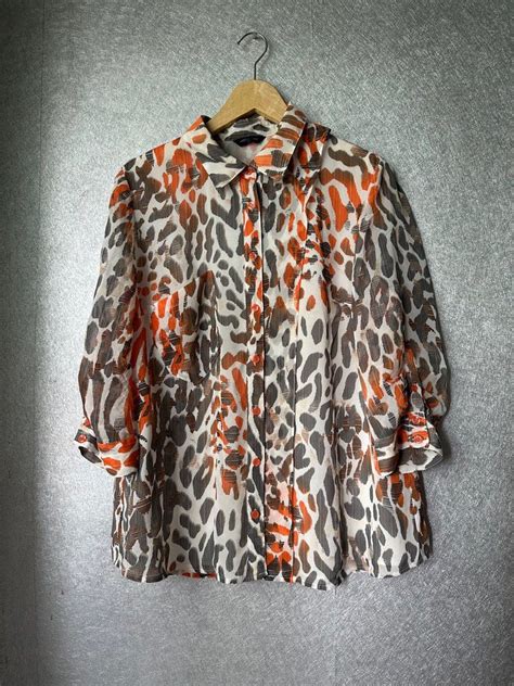 Leopard Blouse Warna Oren Abu Fesyen Wanita Pakaian Wanita Atasan Di