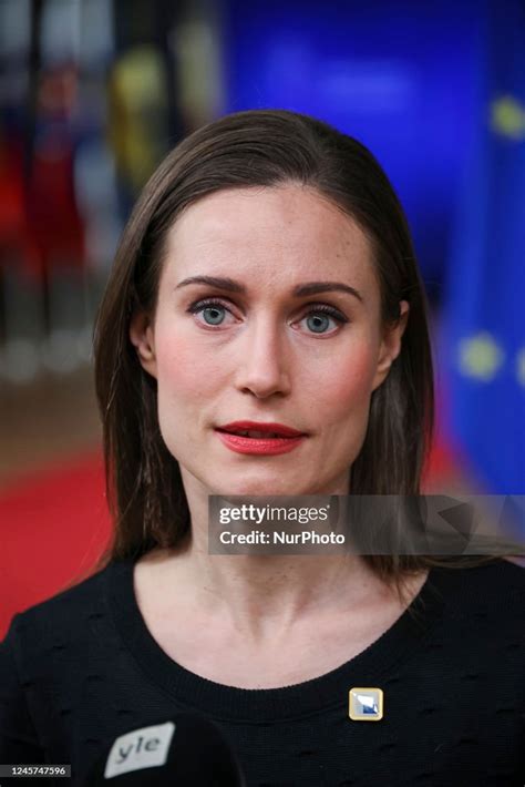 Prime Minister of Finland Sanna Marin talks to the media at a standup ...