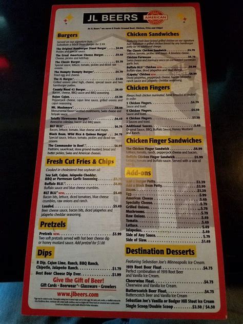 Menu at JL Beers Burnsville pub & bar, Burnsville