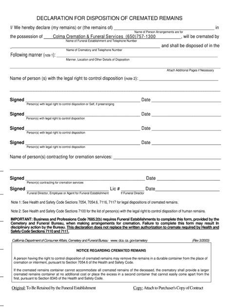 Fillable Online Declaration For Disposition Of Cremated Remains Colma