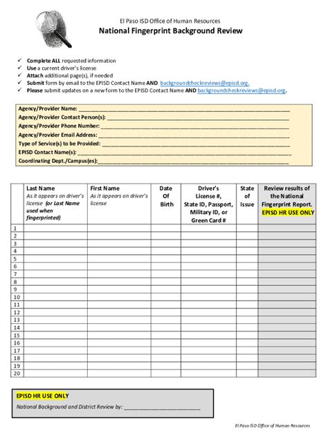 Fillable Online Aisd National Fingerprint Background Review El Paso