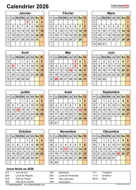 Calendrier 2026 Excel Word Et Pdf Calendarpedia