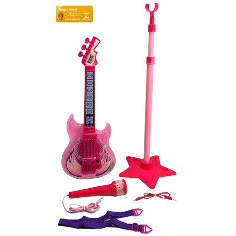 Guitarra Microfone Pedestal Infantil Rock Show Rosa Dm Toys