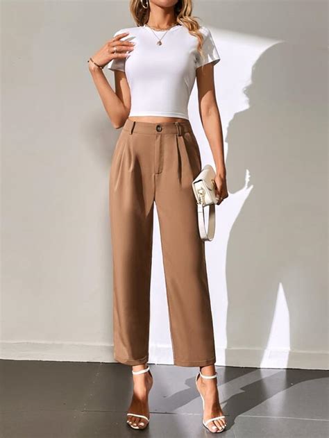 Shein Essnce Pantalones De Traje Unicolor Con Fruncido Moda De Mujer