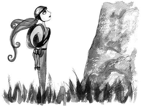 A Black And White Drawing Of A Woman Standing In Front Of A Rock With