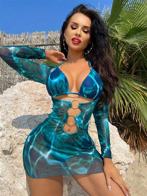 Swim SXY Summer Beach Tie Dye Print Halter Triangle Bikini Set With