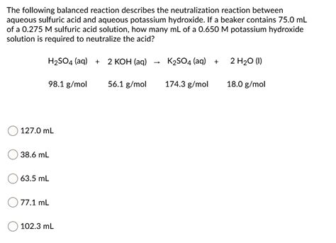 Solved The Following Balanced Reaction Describes The Neutralization