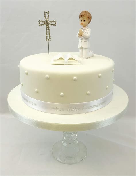 First Holy Communion Kneeling Praying Boy Edible Bible Blue Ribbon Cake