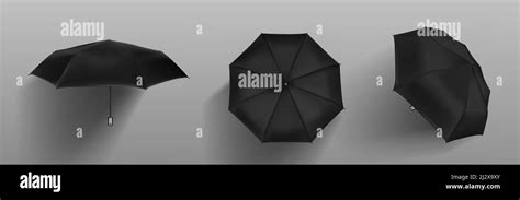 Black Automatic Umbrella Front Side And Top View Vector Realistic