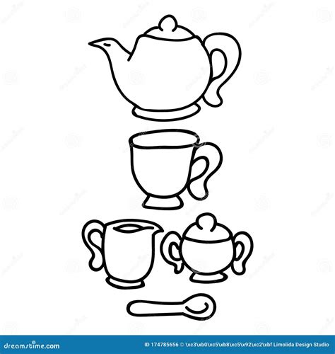 Cute Afternoon Tea Set Teacup Teapot Clipart Hand Drawn Breakfast