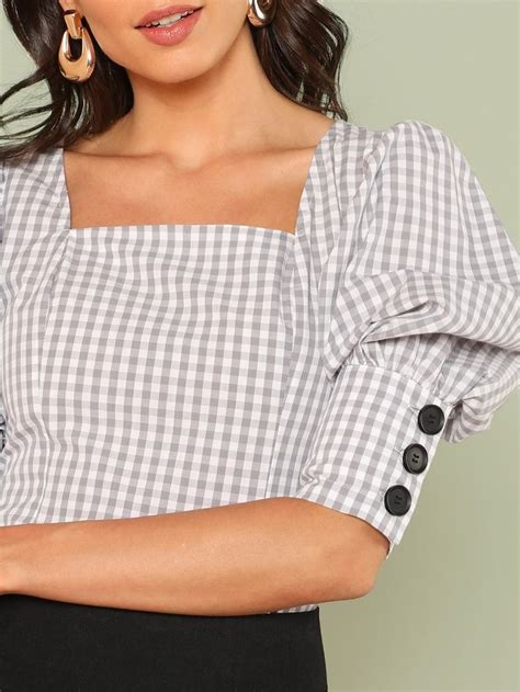 Shein Square Neck Gigot Sleeve Plaid Top Tops Fashion Tops Plaid Blouse