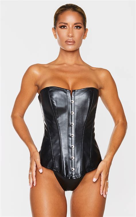 Black Faux Leather Hook Front Corset Set Prettylittlething Usa