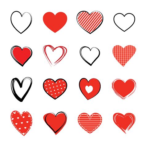 Red Heart Symbol Set Love Icon Hand Drawn Isolated On White Background