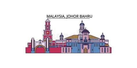 Malaysia Johor Bahru Line Cityscape Flat Vector Travel City Landmark