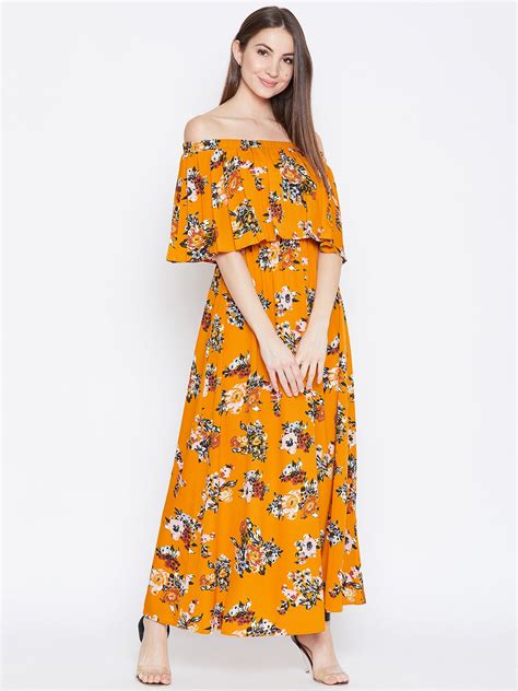 Berrylush Women Mustard Yellow Floral Printed Off Shoulder Neck Layere