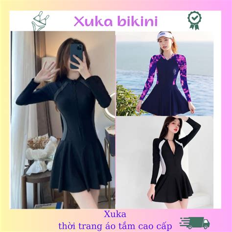 Đồ bơi liền thân nữ váy bikini kín đáo dây khóa kéo kiểu dáng thể thao