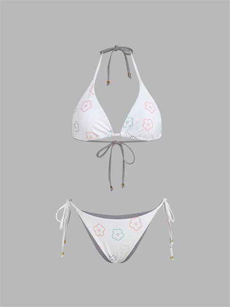 Floral Halter Tie Side Bikini Swimsuit For Beach Swimming Pool Vacation