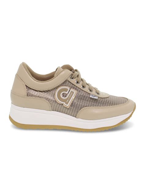 Sneakers Ruco Line Agile Audrey In Pelle E Tessuto Beige E Platino