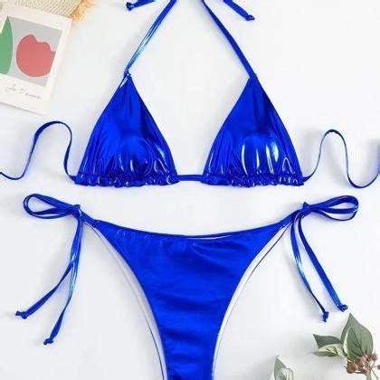 Shiny Purple Halter Tie Bikini Swimsuit Set On Luulla