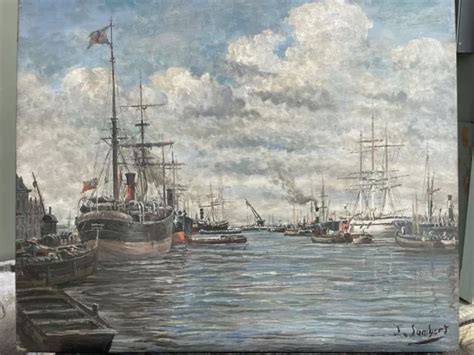 Ancien Tableau Huile Sur Toile Marine Bateaux Port Signe Lambert Eme