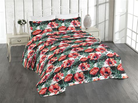 Ambesonne Retro Quilted Bedspread Set 3 Pcs Horizontal Lines Poppies