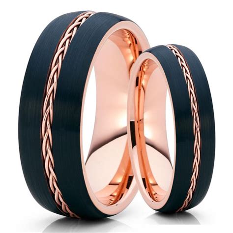 His And Hers Rose Gold Tungsten Ring Braid Ring Black Tungsten Rose Gold Band 6mm And 8mm