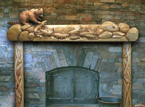 Carved Wood Fish And Raccoon Mantel Carved Fireplace Fireplace