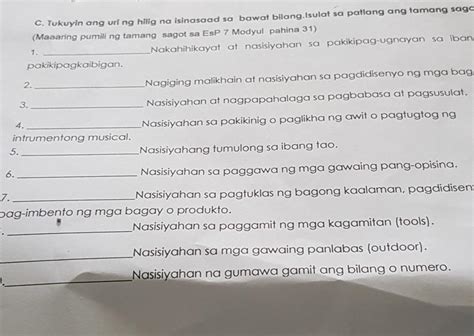 C Tukuyin Ang Uri Ng Hilig Na Isinasaad Sa Bawat Bilang Isulat Sa