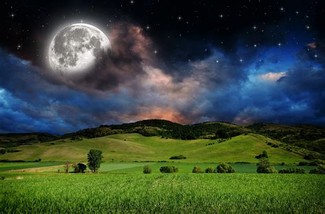 Scenery Fields Grasslands Sky Stars Night Moon Clouds Hill Hd Wallpaper Rare Gallery