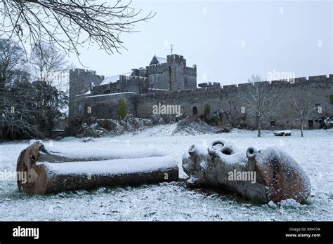 View of Cahir Castle from Inch field on a snowy winter morning. Cahir ...