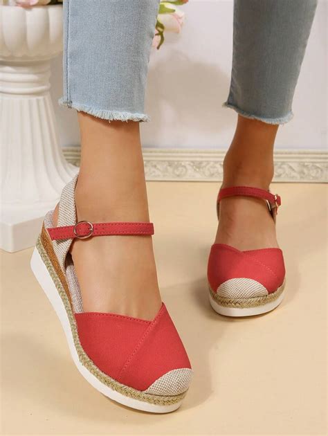 Big Size Color Block Peep Toe Wedge Sandals With Braided Straps And