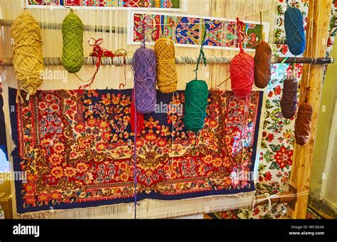 Hand Weaving Loom With Examples Of Colored Woolen Yarns And Traditional