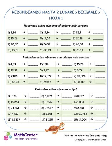 Redondeando Hasta 2 Lugares Decimales Hoja 1 Hojas De Trabajo Math